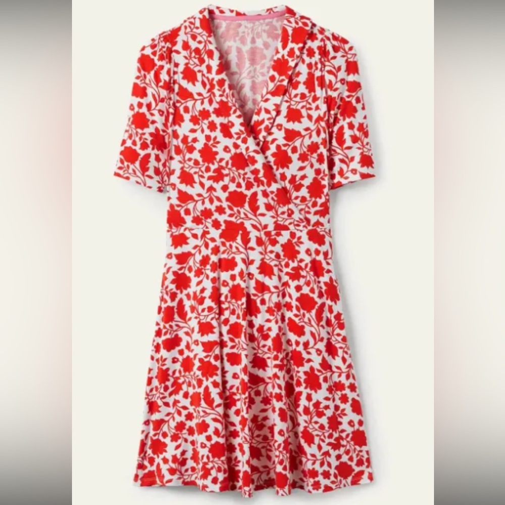 Floral Red and White Boden Jersey Wrap Dress - Size 14 L